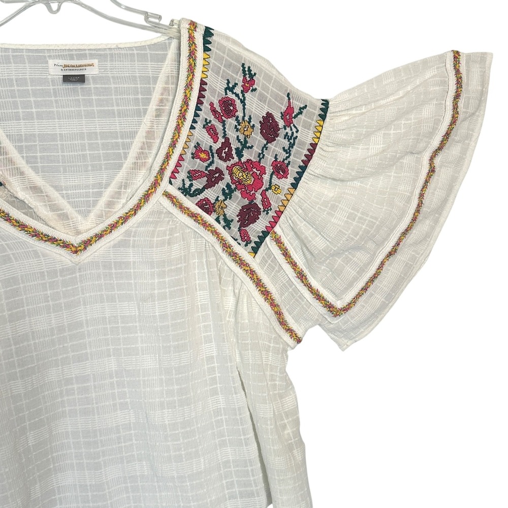 Pilcro Blouse Tawny Embroidered Floral Flutter Sleeve White L Boho Anthropologie - Picture 3 of 12